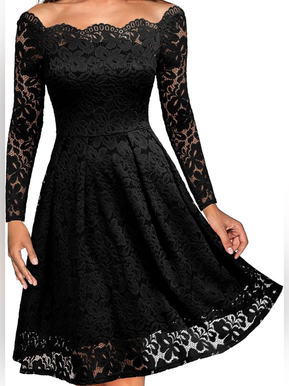 Retro Inspired Floral Lace Long Sleeve Boat Neck Cocktail Party Swing Dress